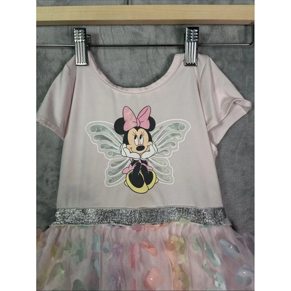 Disney Junior Minnie Mouse Pink Lavender Floral Toile Overlay Dress Size 3T